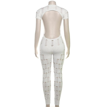 Hollow out short sleeve crewneck knitted backless jumpsuit