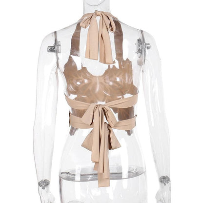 Butterfly pattern halter metallic self tie backless crop top