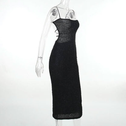 Square neck glitter backless cami maxi dress