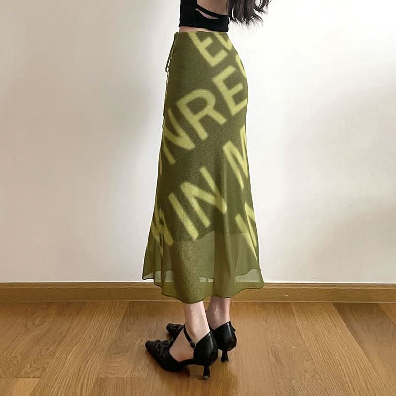 Mesh letter print hollow out self tie cut out maxi skirt