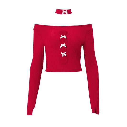 Long sleeve hollow out bowknot off shoulder cut out top