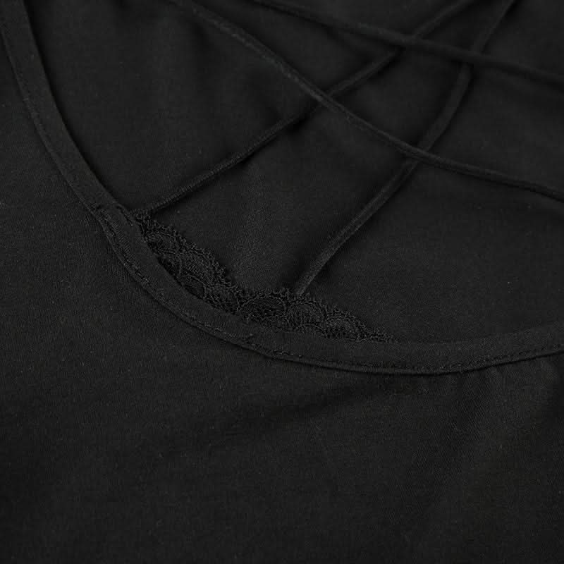 Cross front lace hem long sleeve hollow out cut out top
