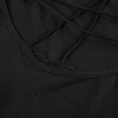 Cross front lace hem long sleeve hollow out cut out top