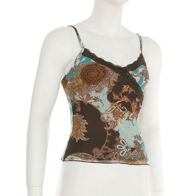 V neck lace hem flower print cami top