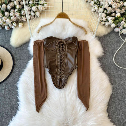 Off shoulder PU leather lace up smocked top