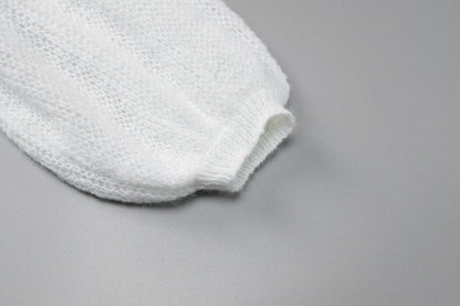 Long puff sleeve knitted one shoulder see through top