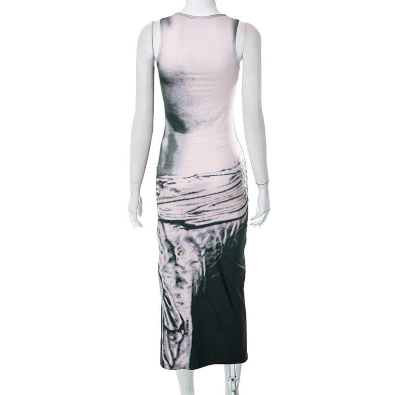 Crew Neck Contrast Graphic Print Side Slit Bodycon Maxi Dress