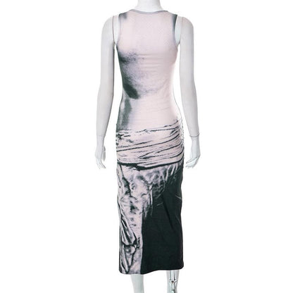 Crew Neck Contrast Graphic Print Side Slit Bodycon Maxi Dress