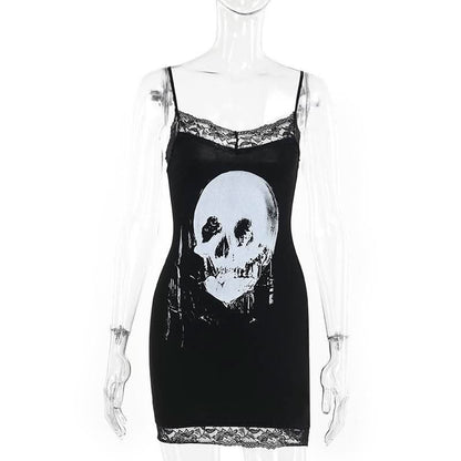 Skull print lace hem cami mini dress