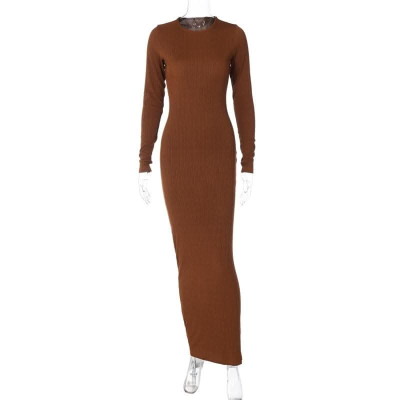 Long sleeve solid round neck maxi dress-final-sale
