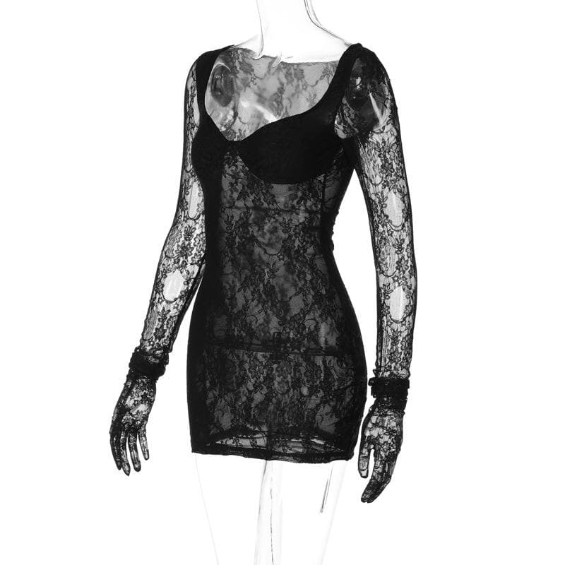 Floral Lace Glove Sleeve Opaque Bustier Sweetheart Neck Bodycon Mini Dress