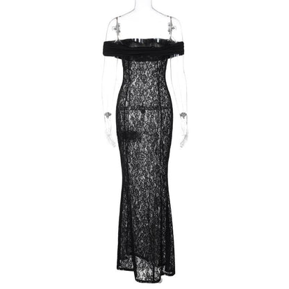 Off Shoulder Floral Lace Sheer Bodycon Floor Length Maxi Dress