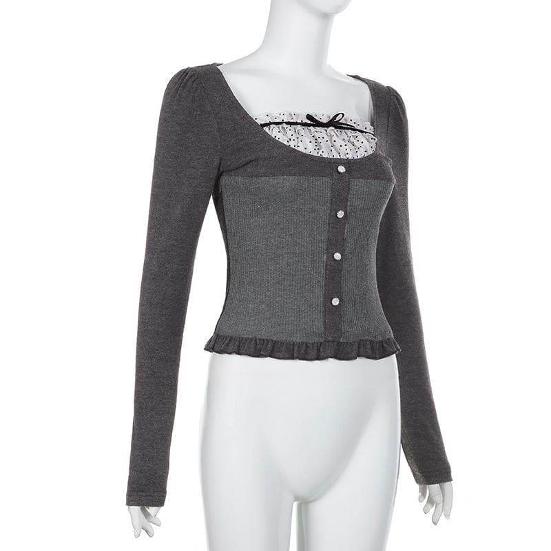 Ruffle polka dot patchwork button long sleeve contrast top