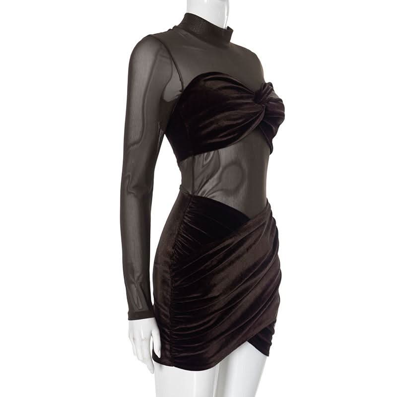 Long sleeve mesh high neck velvet ruched mini dress