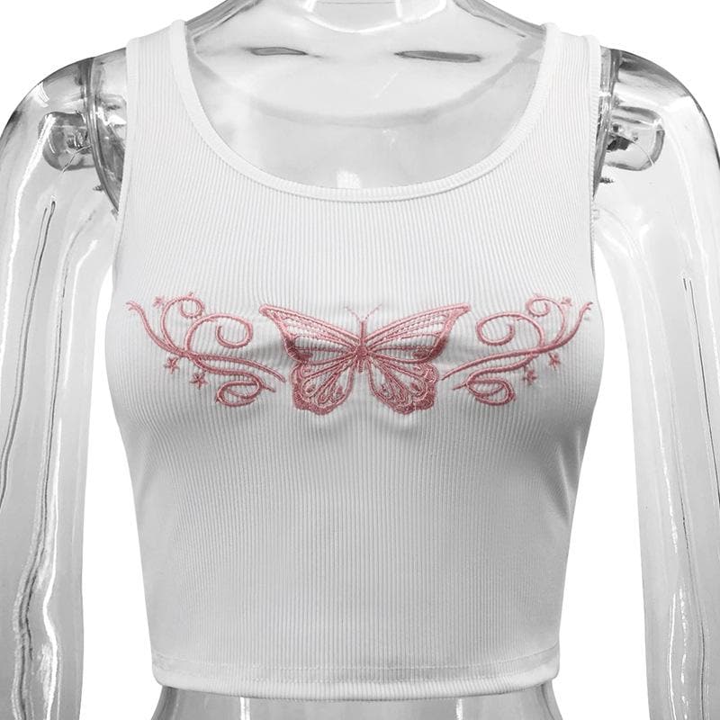Butterfly embroidery u neck sleeveless ribbed crop top
