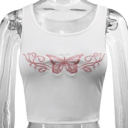 Butterfly embroidery u neck sleeveless ribbed crop top