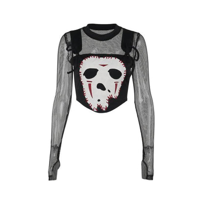 Crewneck long sleeve demon embroidery fishnet patchwork top