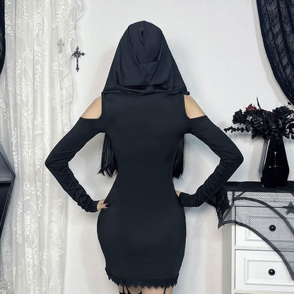 Hoodie long sleeve lace hem embroidery hollow out cut out mini dress