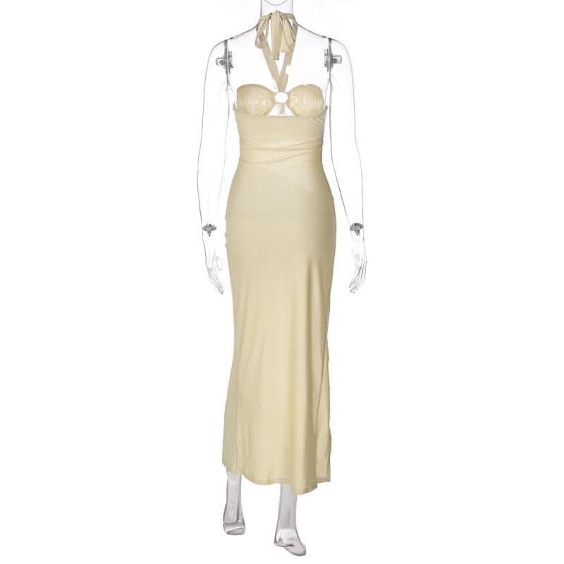 Halter drawstring solid slit hollow out o ring self tie cut out midi dress-final-sale