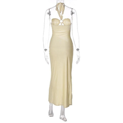 Halter drawstring solid slit hollow out o ring self tie cut out midi dress-final-sale