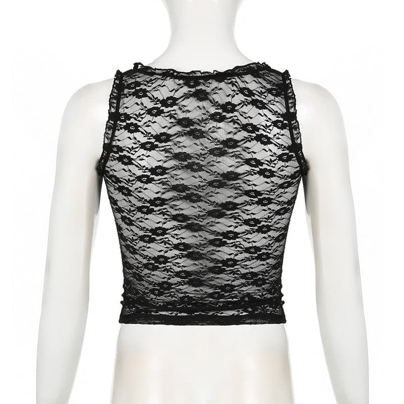 U neck ruffle lace bowknot see through crop top
