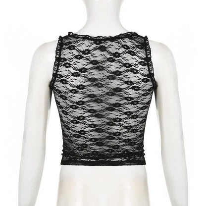 U neck ruffle lace bowknot see through crop top