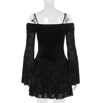 Off shoulder long flared sleeve velvet mini dress