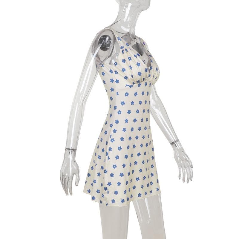 V neck sleeveless ruched flower print mini dress