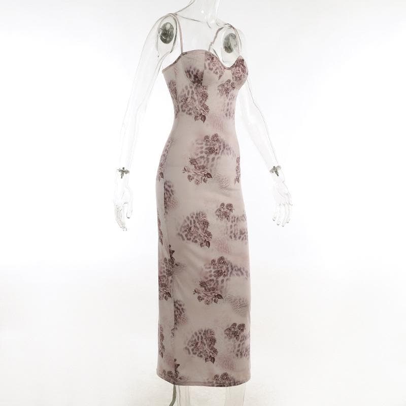 Floral Spotted Print Sweetheart Bustier Spaghetti Strap Bodycon Maxi Dress