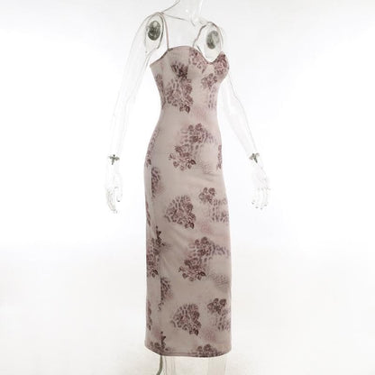 Floral Spotted Print Sweetheart Bustier Spaghetti Strap Bodycon Maxi Dress