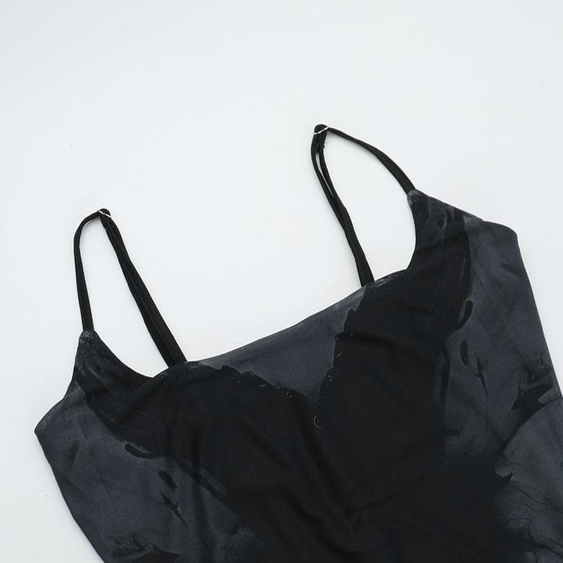 U neck butterfly print mesh cami maxi dress