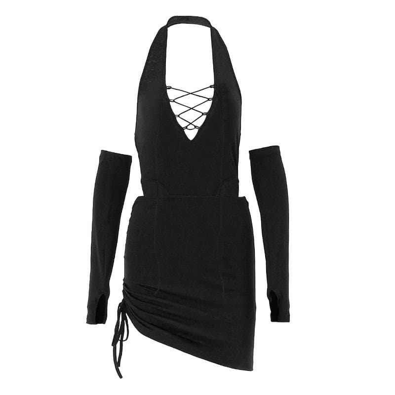 Halter lace up gloves drawstring hollow out cut out mini dress