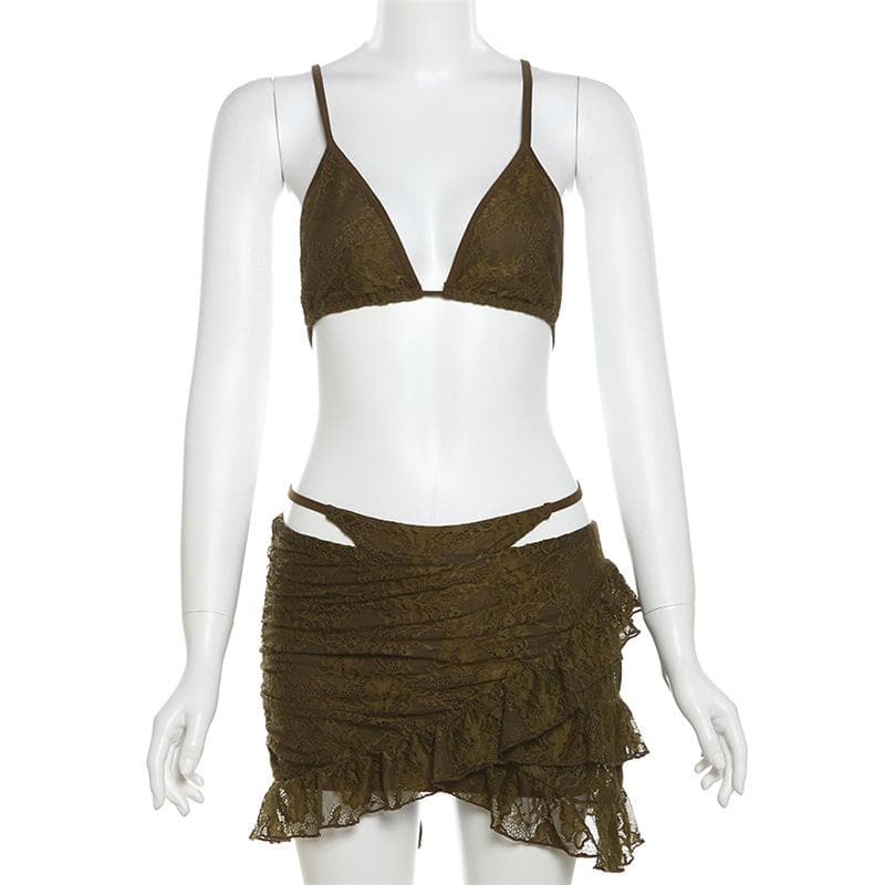 Lace ruffle cami 3 piece mini skirt set