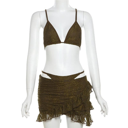 Lace ruffle cami 3 piece mini skirt set