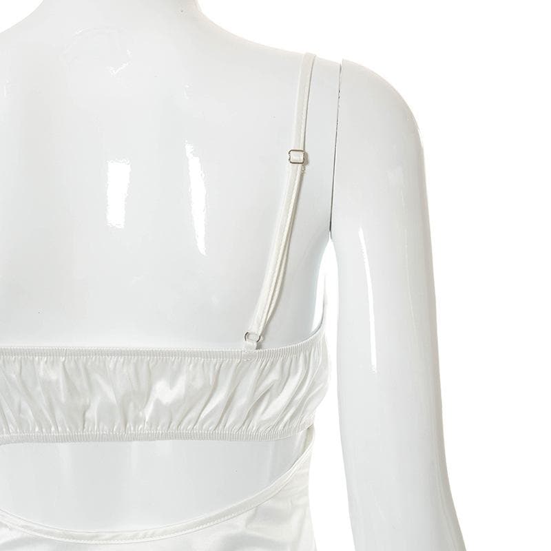 Lace hem satin ruched hollow out backless cami cut out mini dress