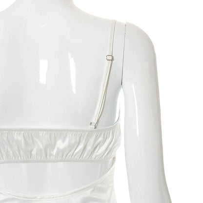 Lace hem satin ruched hollow out backless cami cut out mini dress