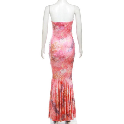 Lace up flower print contrast backless tube maxi dress