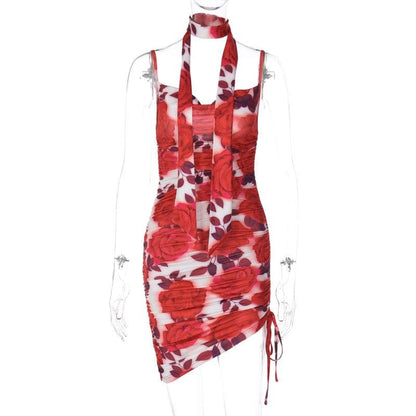 Floral Print Ruched Drawstring Side Spaghetti Strap Midi Dress