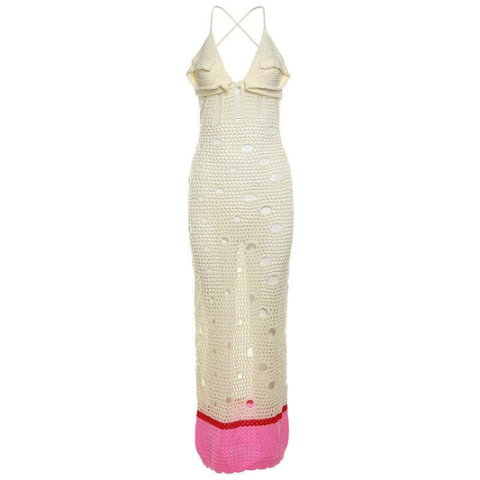 V neck knitted hollow out lace up cut out maxi dress