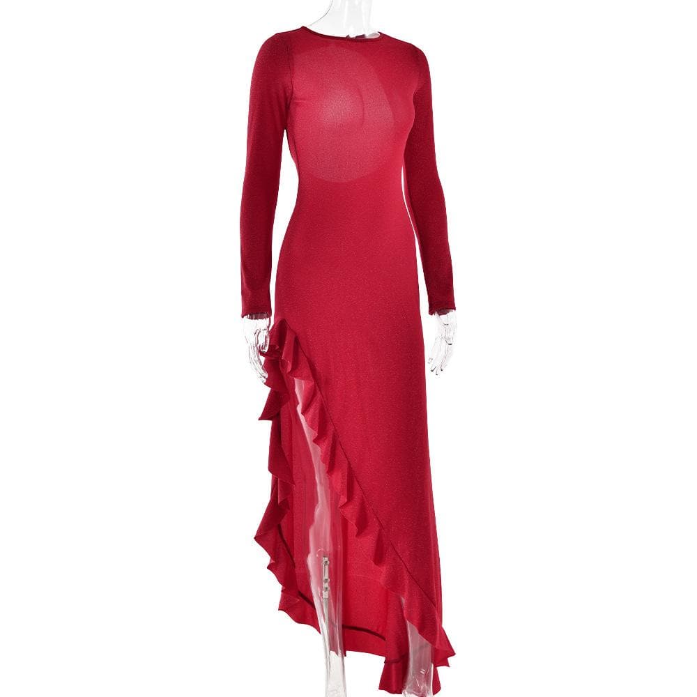 Long sleeve see through glitter irregular ruffle maxi dress