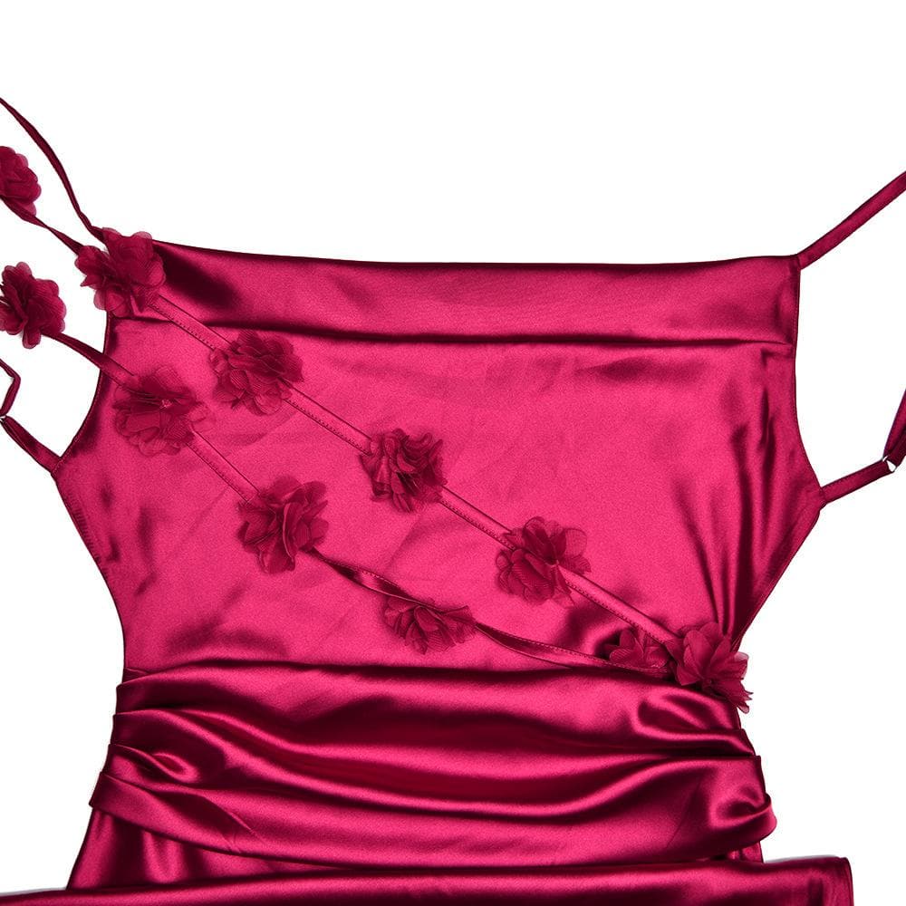 Cowl neck satin flower applique backless cami maxi dress