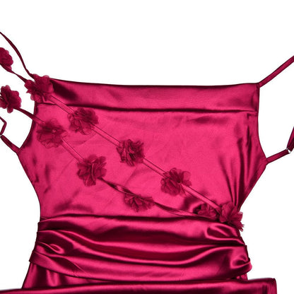 Cowl neck satin flower applique backless cami maxi dress