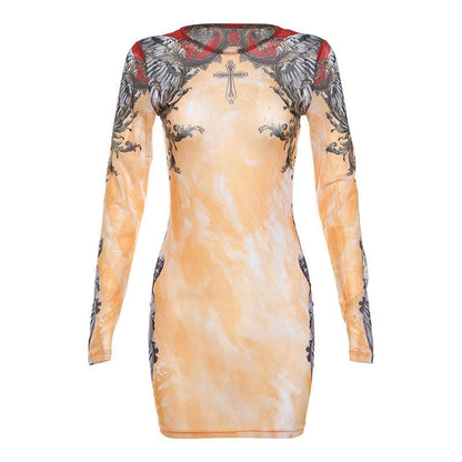 Long sleeve crewneck print sheer mesh mini dress