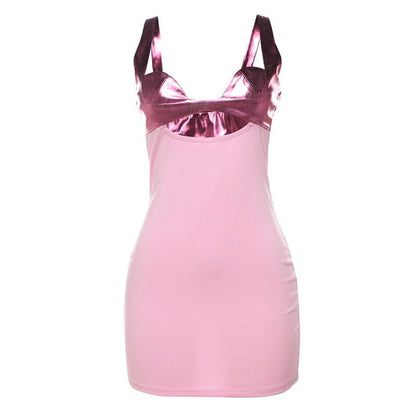 Hollow out metallic patchwork backless cami cut out mini dress