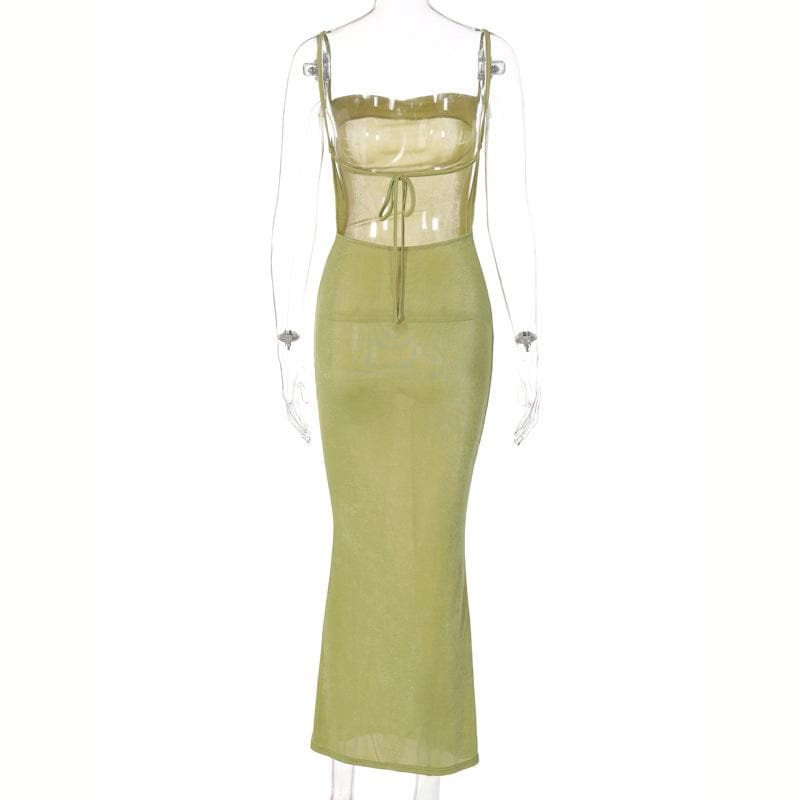 Square Neck Ruched Self Tie Backless Sleeveless Midi Dress