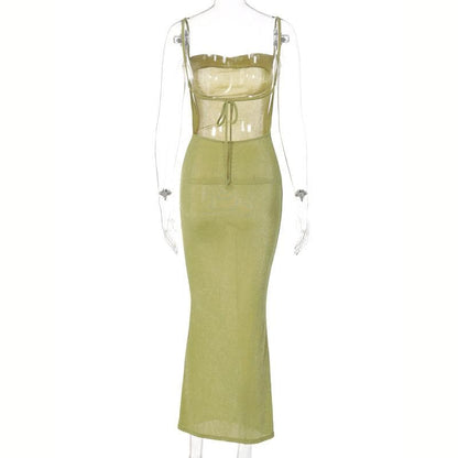 Square Neck Ruched Self Tie Backless Sleeveless Midi Dress