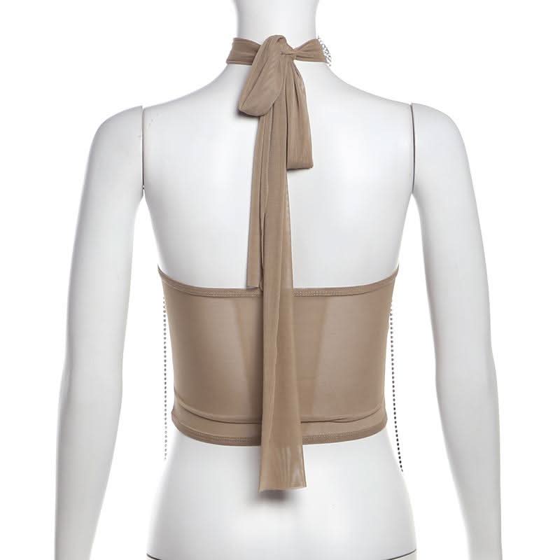 Beaded metal chain flower applique mesh tube top