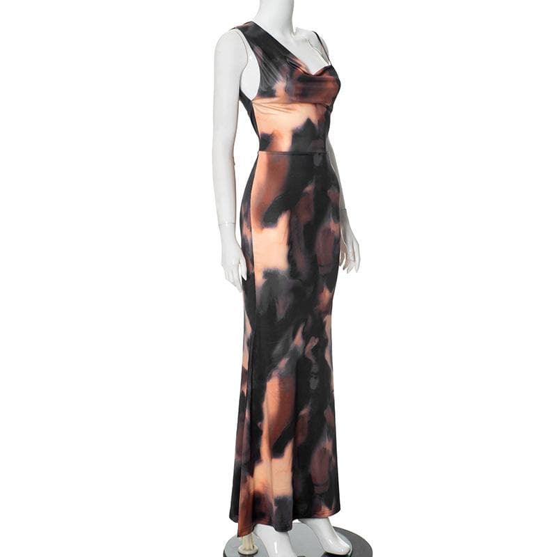 Cowl neck tie dye print backless cami maxi dress