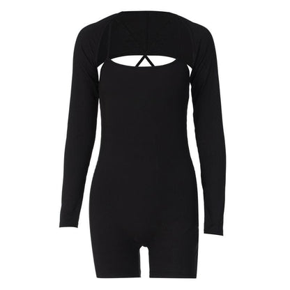 Solid ribbed cross back long sleeve shrug romper