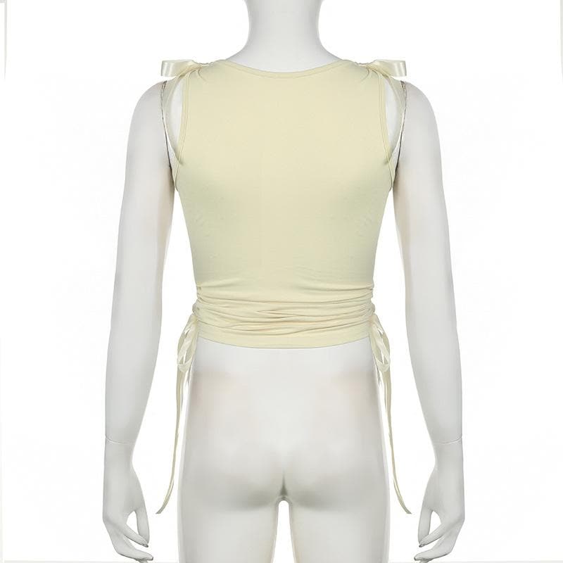 Bowknot ribbon ruched crewneck crop top